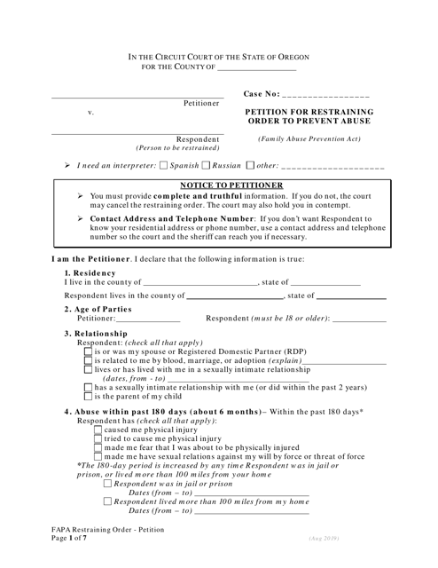 Document preview: Petition for Restraining Order to Prevent Abuse - Family Abuse Prevention Act - Oregon