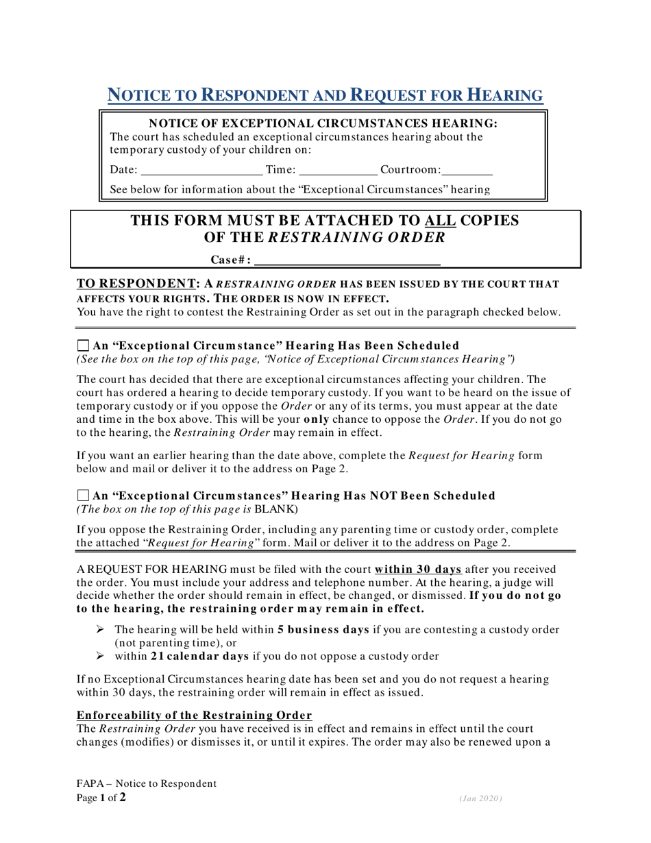 Notice to Respondent and Request for Hearing - Oregon, Page 1