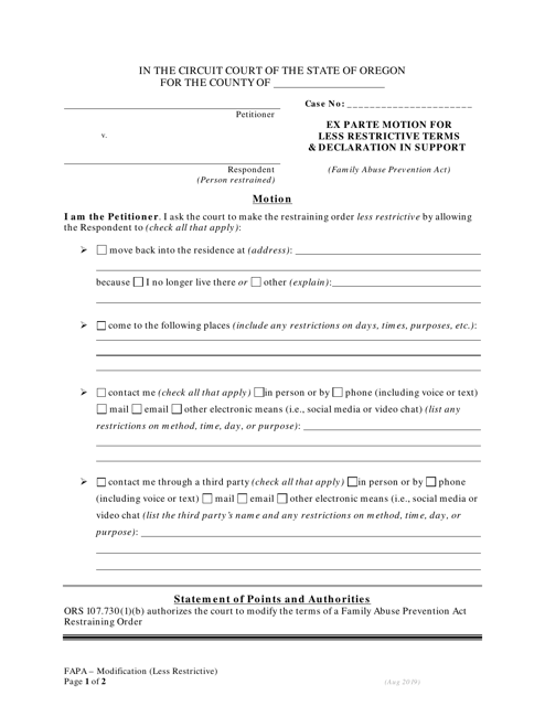 Ex Parte Motion for Less Restrictive Terms & Declaration in Support - Fapa - Oregon Download Pdf