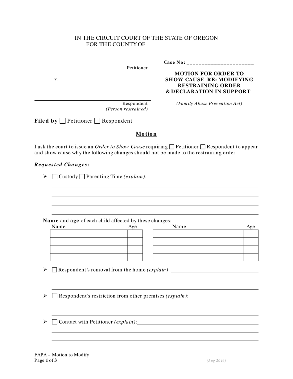 Motion for Order to V. Show Cause Re: Modifying Restraining Order  Declaration in Support - Family Abuse Prevention Act - Oregon, Page 1