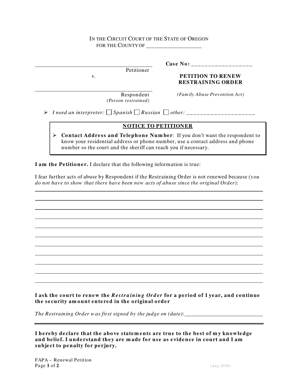 Petition to Renew Restraining Order - Family Abuse Prevention Act - Oregon, Page 1