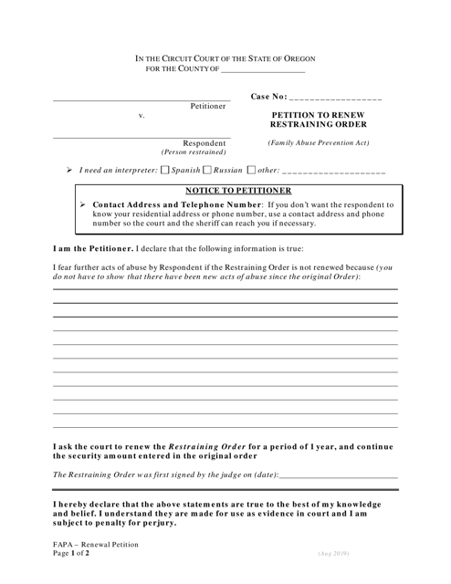 Petition to Renew Restraining Order - Family Abuse Prevention Act - Oregon Download Pdf