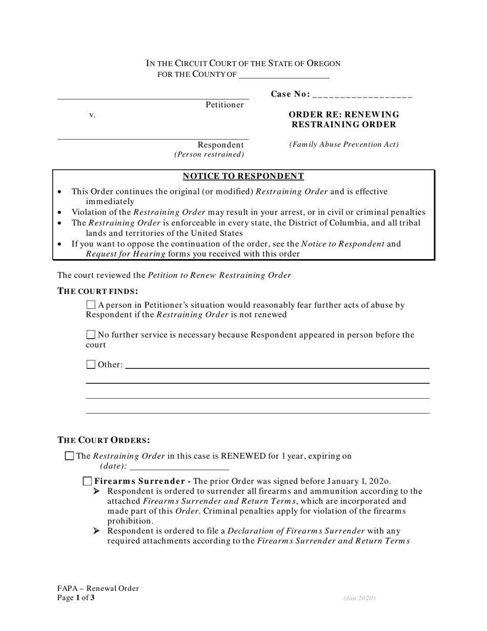 Order Re: Renewing Restraining Order - Fapa - Oregon, Page 1