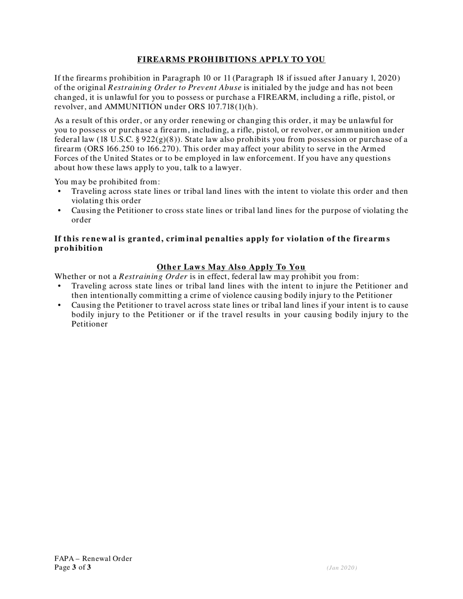 Order Re: Renewing Restraining Order - Fapa - Oregon, Page 3