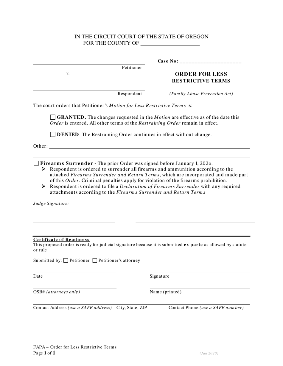 Order for Less Restrictive Terms - Fapa - Oregon, Page 1