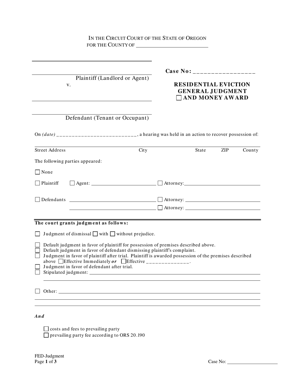 Residential Eviction General Judgment and Money Award - Oregon, Page 1