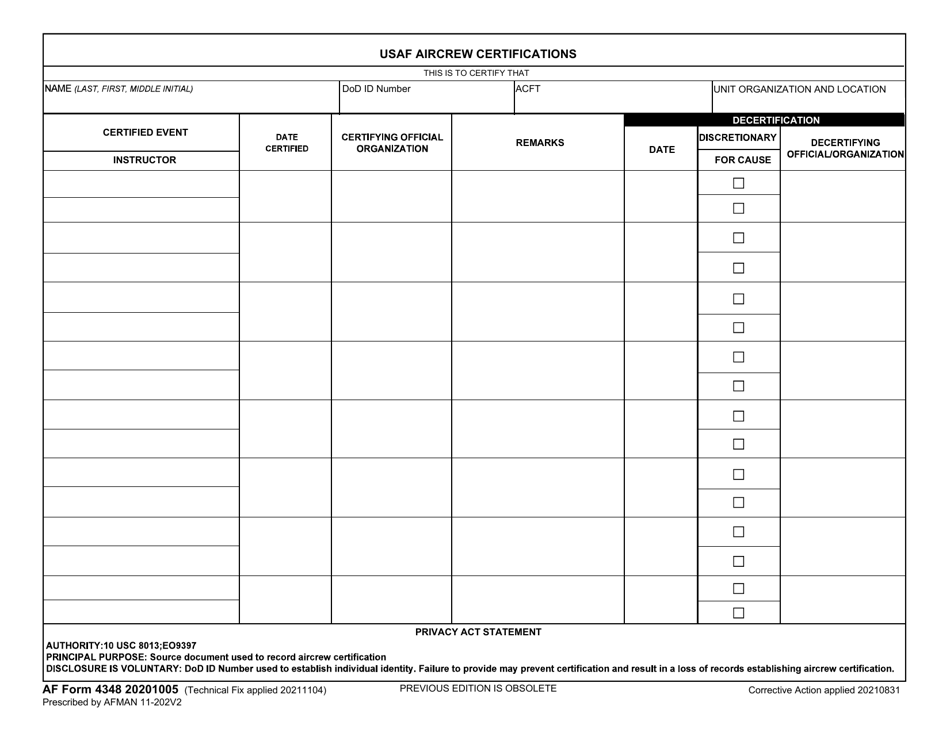 AF Form 4348 USAF Aircrew Certifications, Page 1