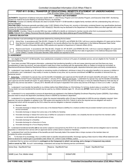 DAF Form 4406 Post-9/11 Gi Bill Transfer of Educational Benefits Statement of Understanding