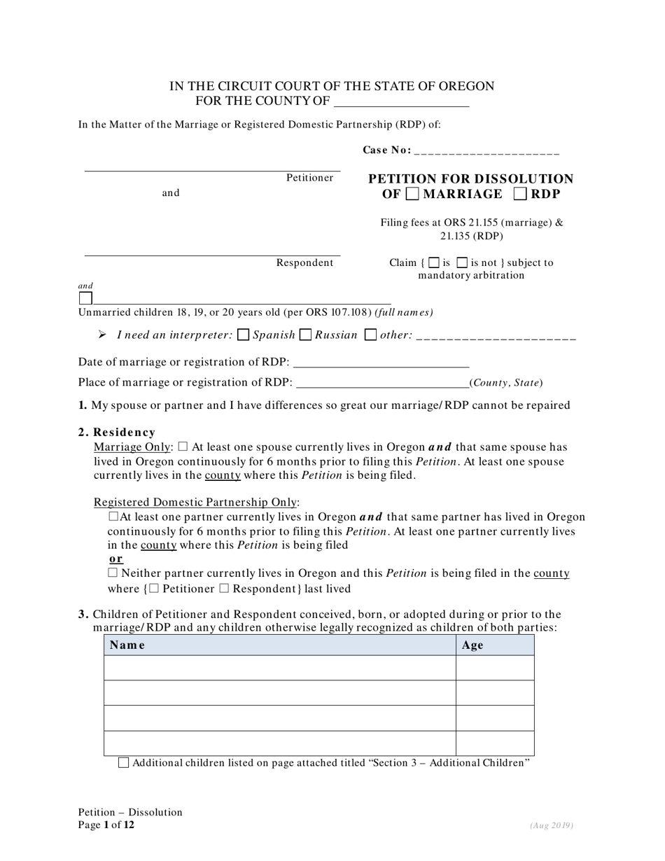 Petition for Dissolution of Marriage / Rdp for Petitioners With Children - Oregon, Page 1