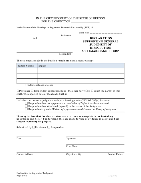 Declaration Supporting General Judgment of Dissolution of Marriage / Rdp for Petitioners Without Children - Oregon Download Pdf