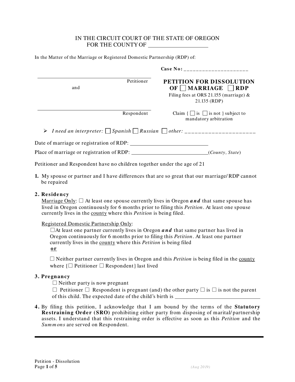 Petition for Dissolution of Marriage / Rdp Without Children - Oregon, Page 1
