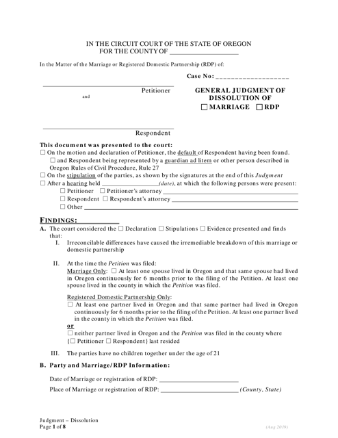 General Judgment of Dissolution of Marriage / Rdp Without Children - Oregon Download Pdf