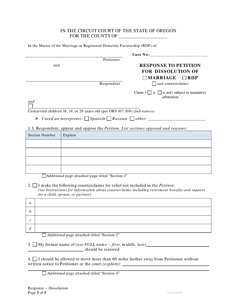 Response to Petition for Dissolution of Marriage / Rdp for Respondents With Children - Oregon, Page 1