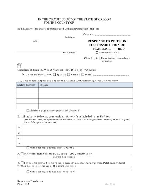 Response to Petition for Dissolution of Marriage / Rdp for Respondents With Children - Oregon Download Pdf