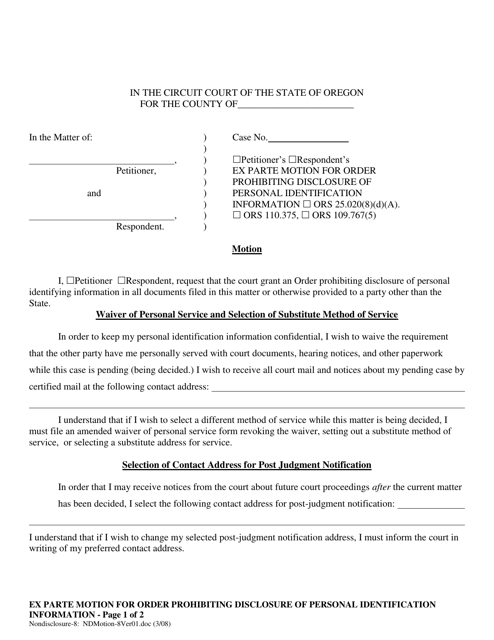 Ex Parte Motion for Order Prohibiting Disclosure of Personal Identification Information - Oregon Download Pdf