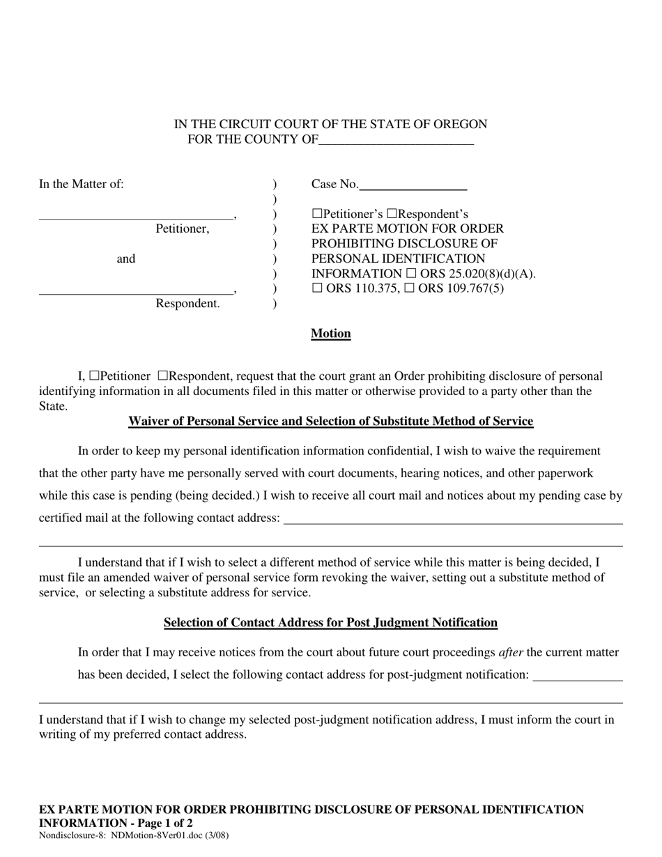 Ex Parte Motion for Order Prohibiting Disclosure of Personal Identification Information - Oregon, Page 1