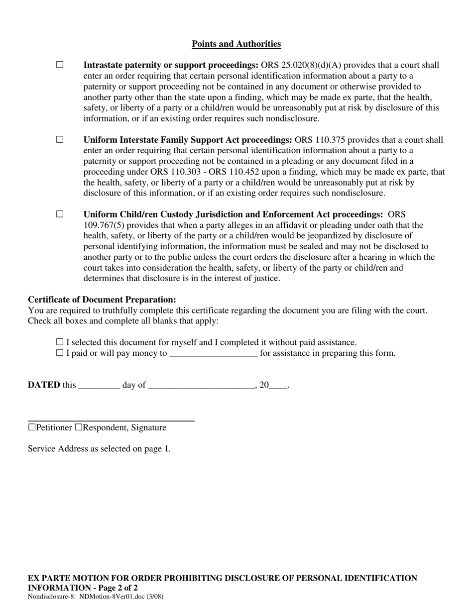 Ex Parte Motion for Order Prohibiting Disclosure of Personal Identification Information - Oregon, Page 2