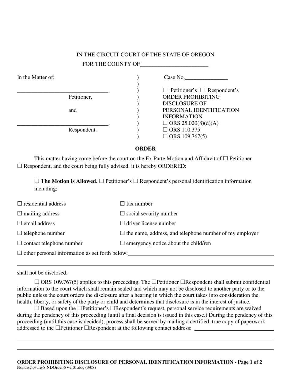 Oregon Order Prohibiting Disclosure of Personal Identification