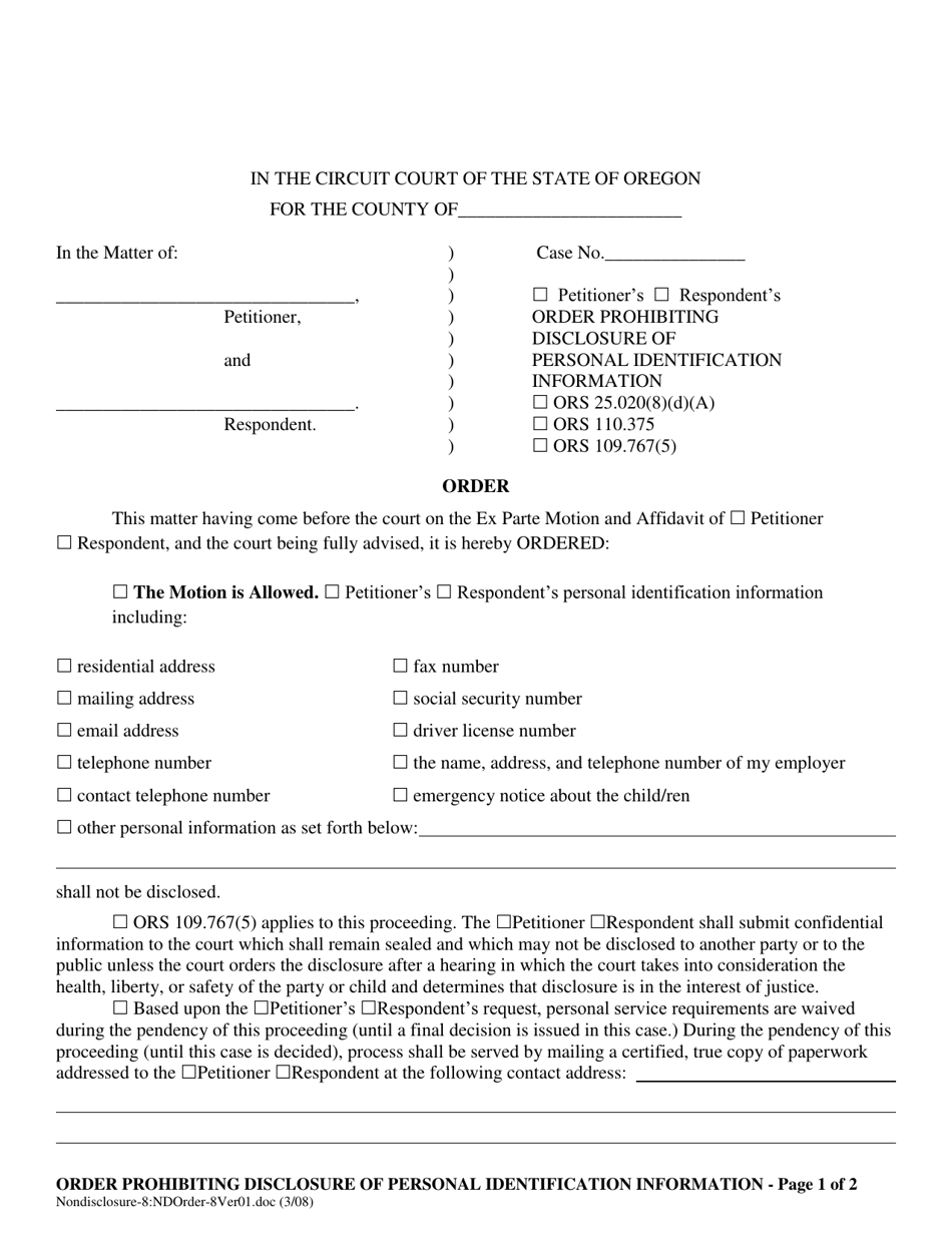 Order Prohibiting Disclosure of Personal Identification Information - Oregon, Page 1