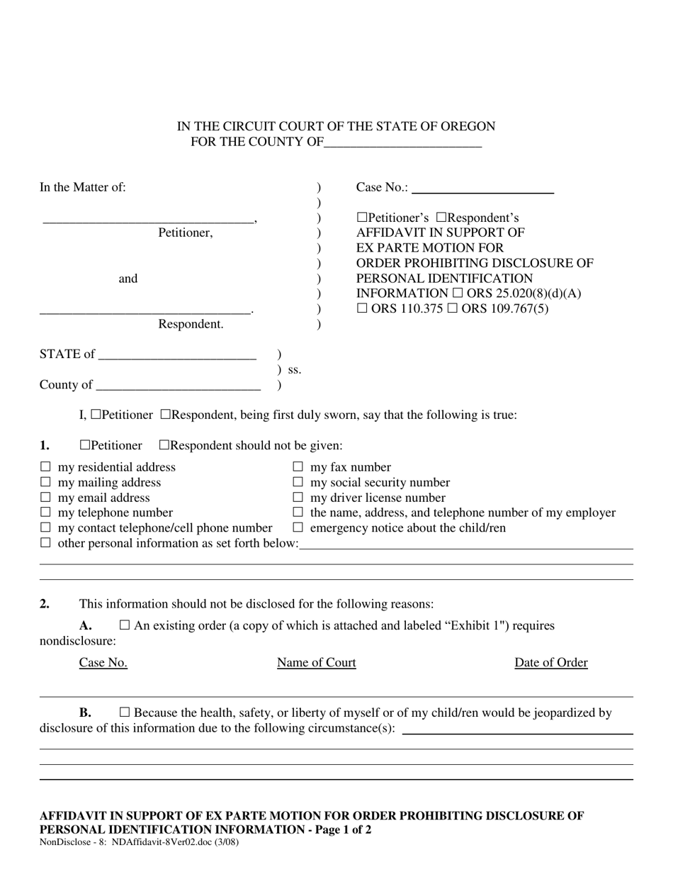 Affidavit in Support of Ex Parte Motion for Order Prohibiting Disclosure of Personal Identification Information - Oregon, Page 1