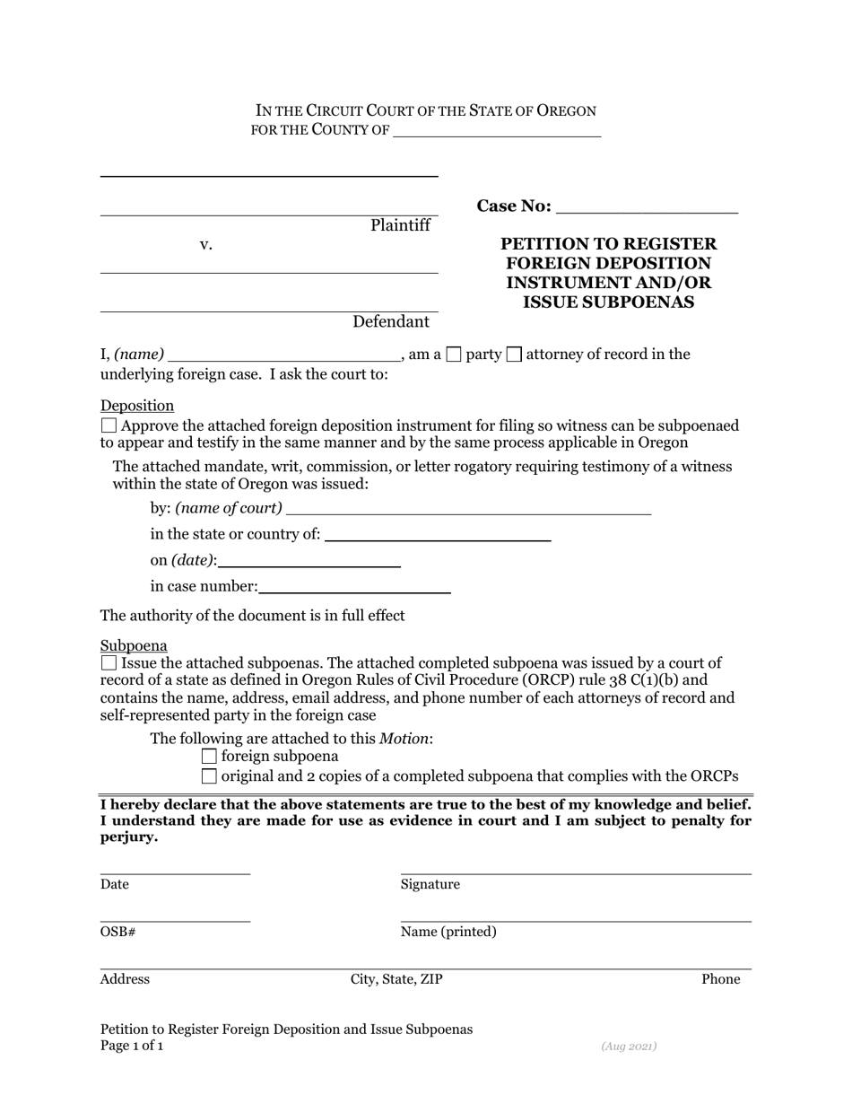 Petition to Register Foreign Deposition Instrument and / or Issue Subpoenas - Oregon, Page 1