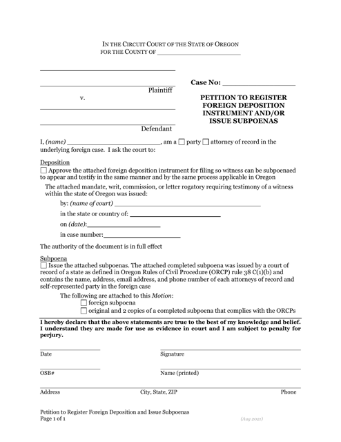 Document preview: Petition to Register Foreign Deposition Instrument and/or Issue Subpoenas - Oregon
