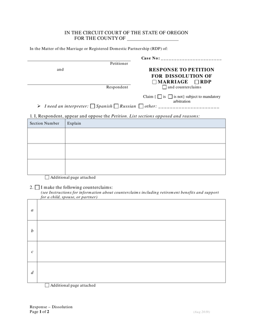 Response to Petition for Dissolution of Marriage / Rdp Without Children - Oregon Download Pdf