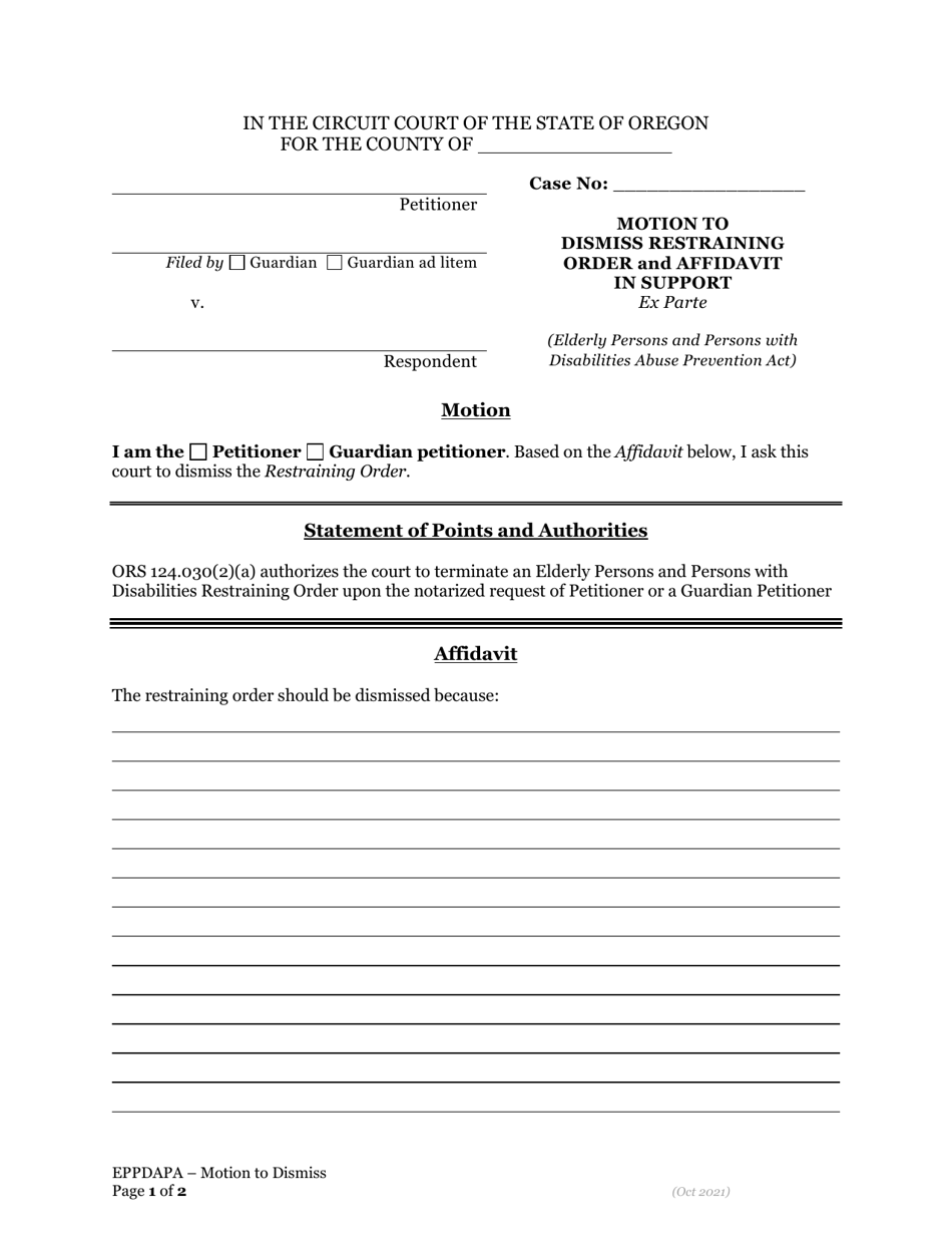 Motion to Dismiss Restraining Order and Affidavit in Support - Ex Parte - Eppdapa - Oregon, Page 1