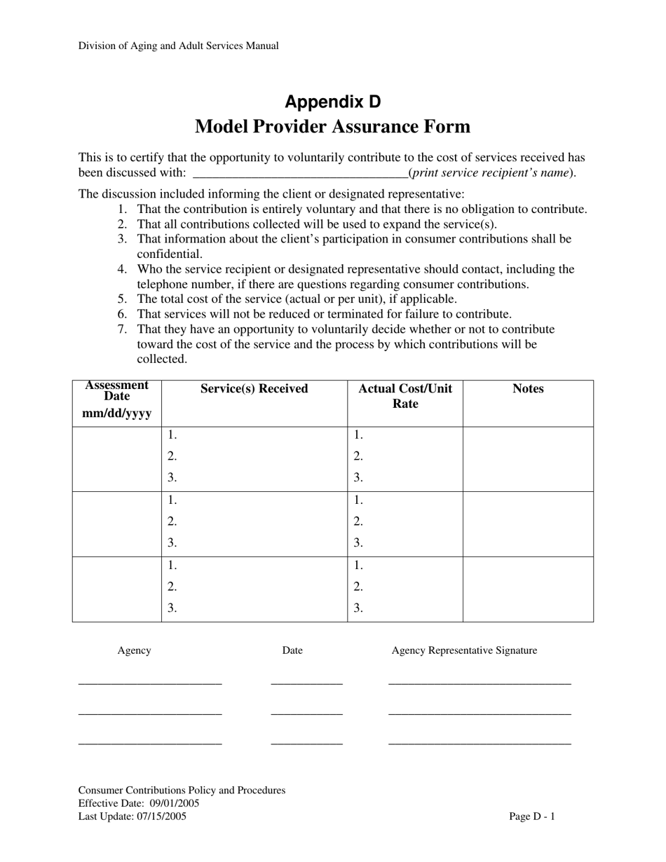 Appendix D Model Provider Assurance Form - North Carolina, Page 1