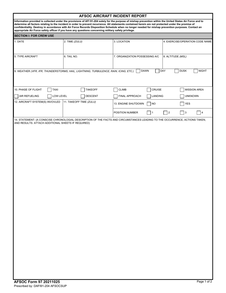 AFSOC Form 97 Afsoc Aircraft Incident Report, Page 1