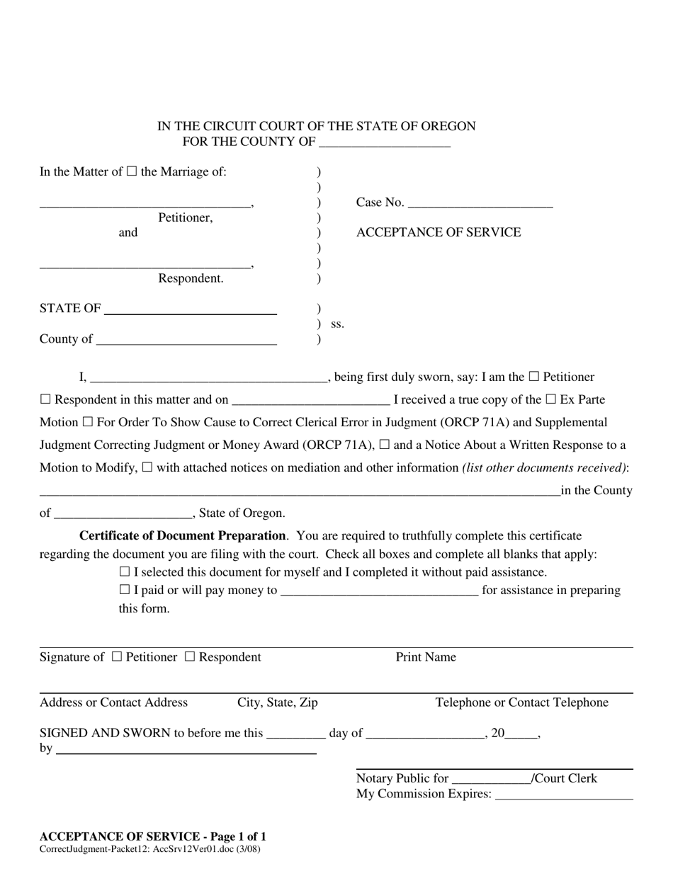 Acceptance of Service - Oregon, Page 1