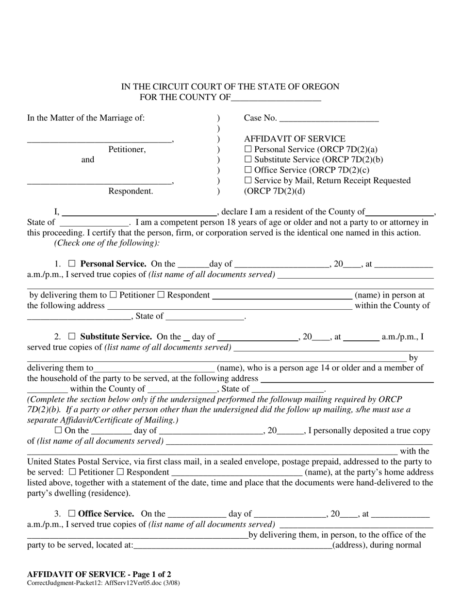 Affidavit of Service - Oregon, Page 1