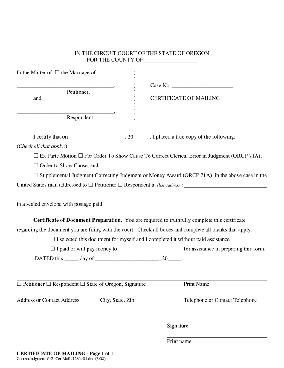 Certificate of Mailing - Oregon, Page 1