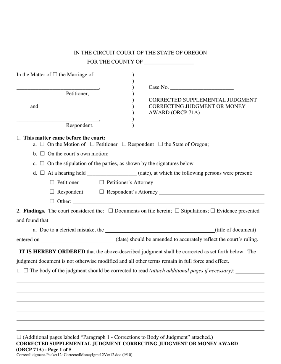 Corrected Supplemental Judgment Correcting Judgment or Money Award (Orcp 71a) - Oregon, Page 1