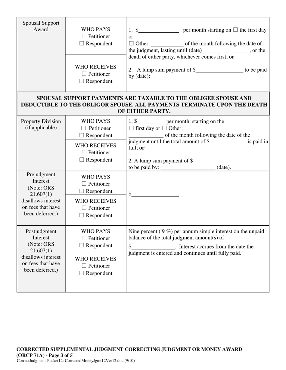 Corrected Supplemental Judgment Correcting Judgment or Money Award (Orcp 71a) - Oregon, Page 3