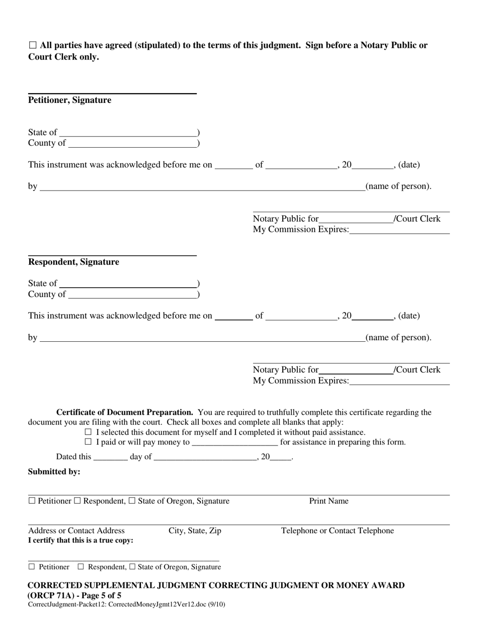 Corrected Supplemental Judgment Correcting Judgment or Money Award (Orcp 71a) - Oregon, Page 5