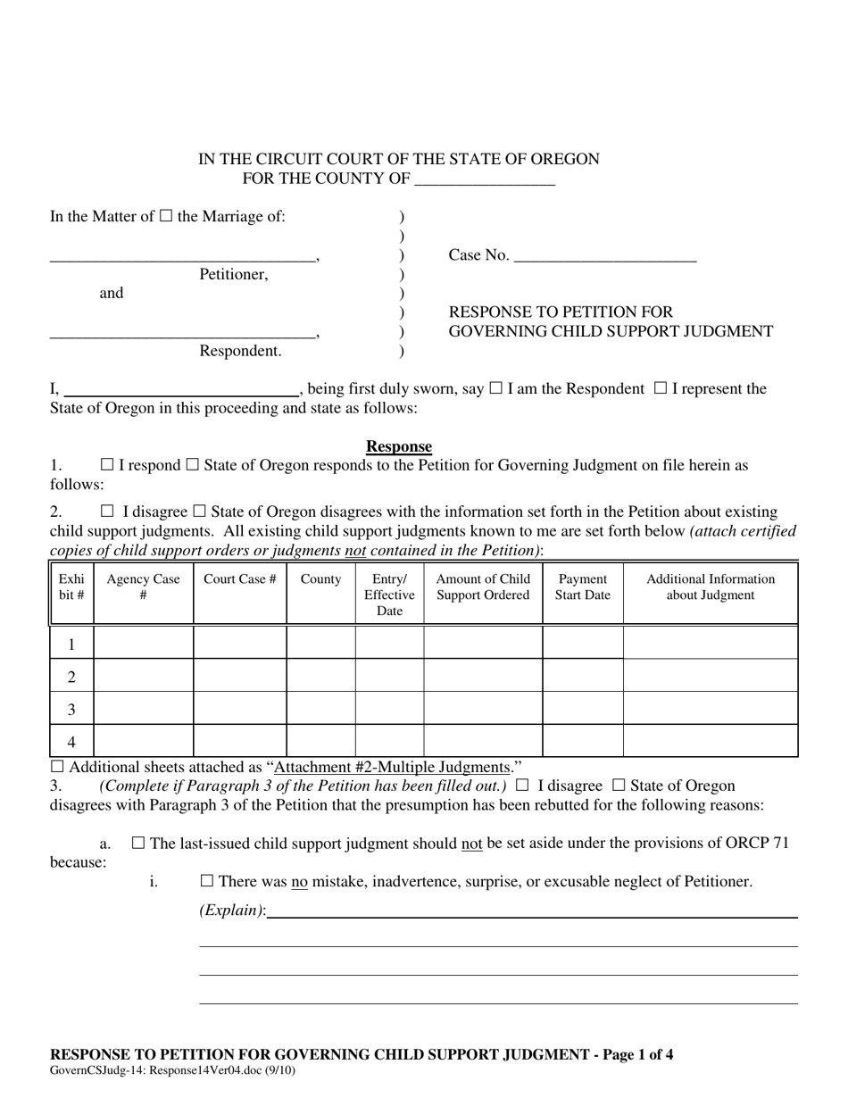Response to Petition for Governing Child Support Judgment - Oregon, Page 1
