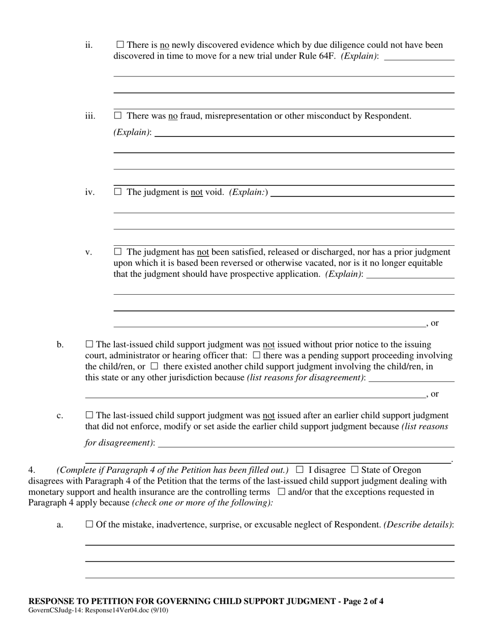 Response to Petition for Governing Child Support Judgment - Oregon, Page 2