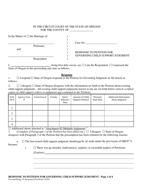Response to Petition for Governing Child Support Judgment - Oregon Download Pdf