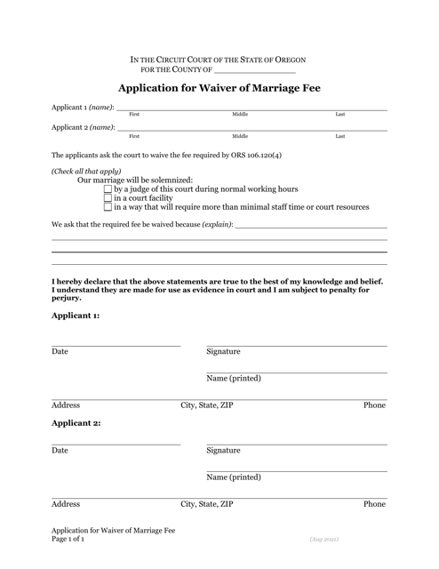 Application for Waiver of Marriage Fee - Oregon Download Pdf