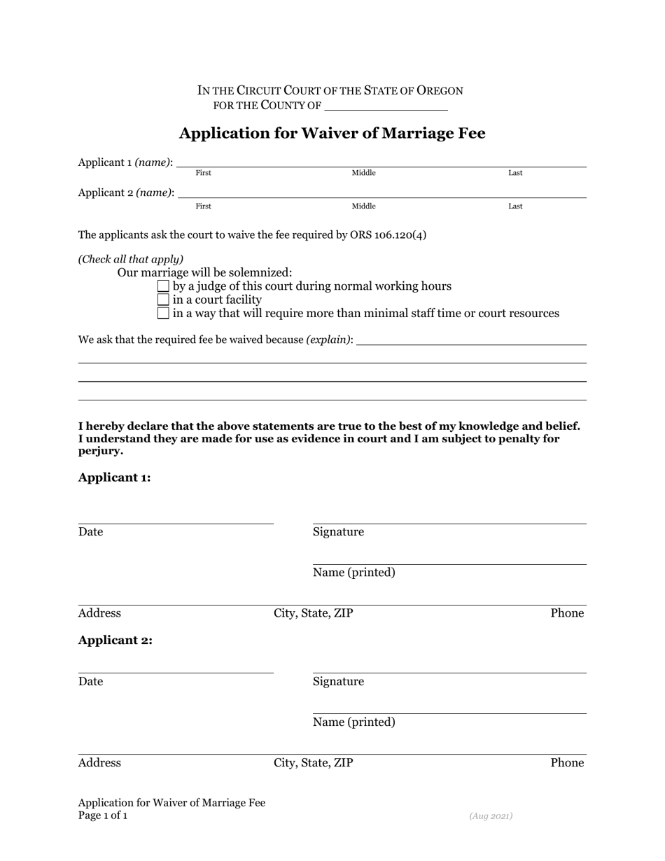 Application for Waiver of Marriage Fee - Oregon, Page 1