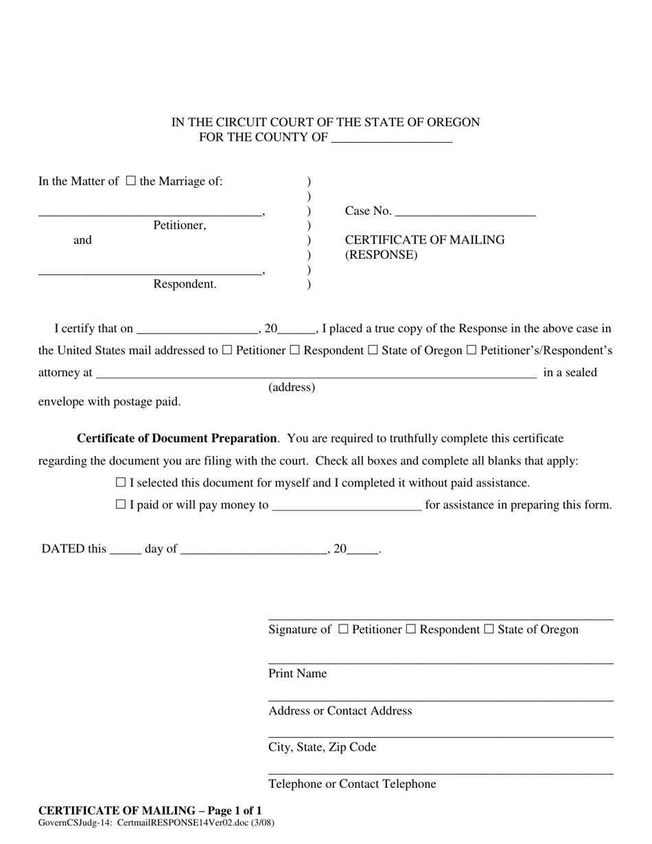 Certificate of Mailing (Response) - Oregon, Page 1