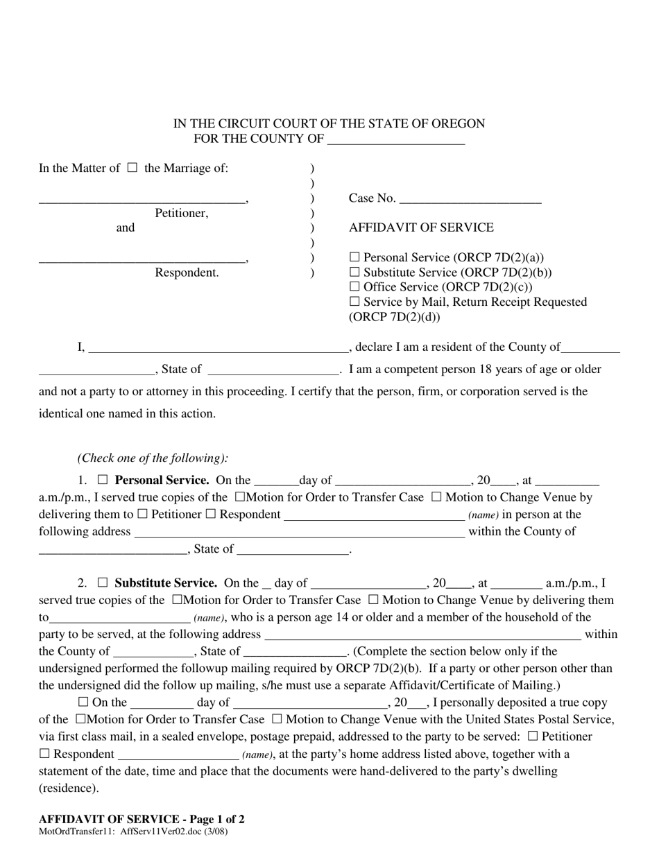 Affidavit of Service - Motion to Transfer or Change of Venue - Oregon, Page 1