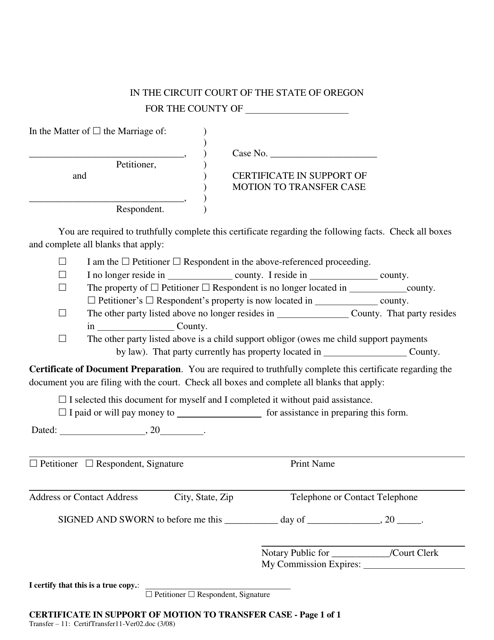 Certificate in Support of Motion to Transfer Case - Oregon Download Pdf