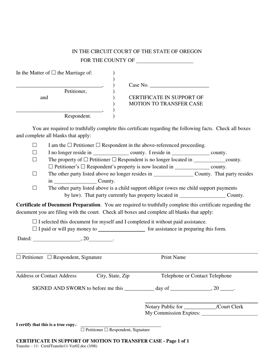 Certificate in Support of Motion to Transfer Case - Oregon, Page 1