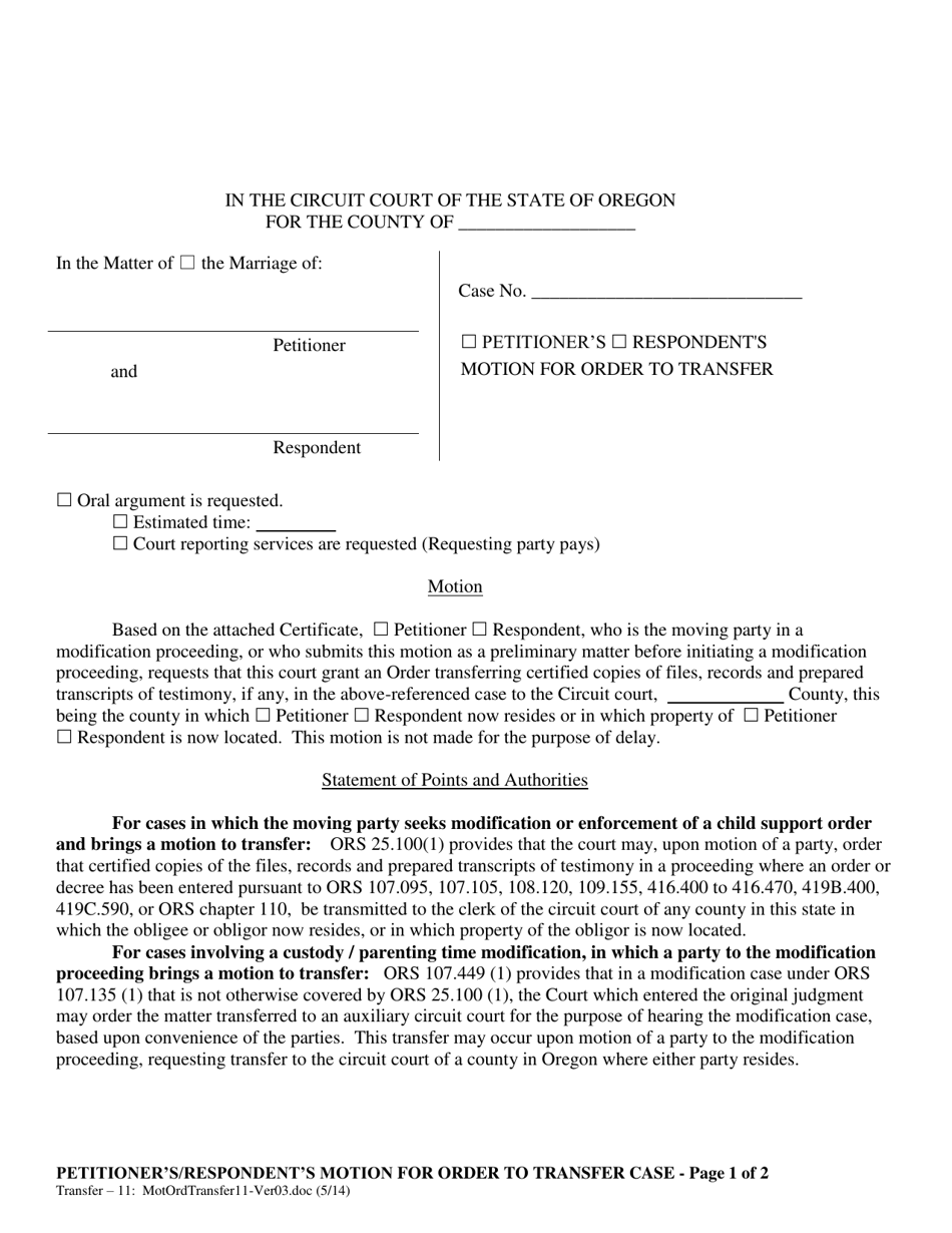 Petitioner's/Respondent's Motion for Order to Transfer - Oregon, Page 1