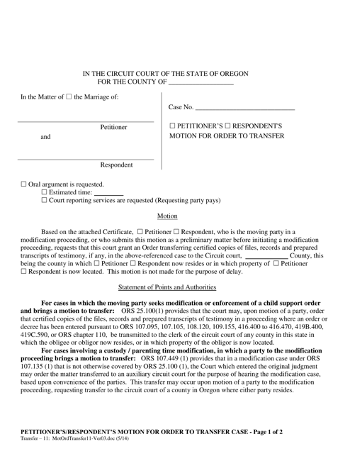 Petitioner's/Respondent's Motion for Order to Transfer - Oregon Download Pdf
