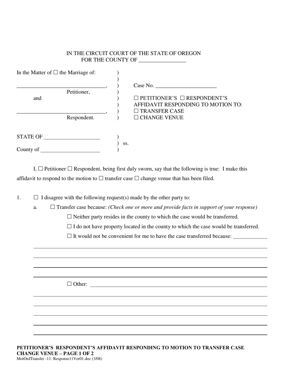 Petitioners / Respondents Affidavit Responding to Motion to Transfer Case / Change Venue - Oregon, Page 1