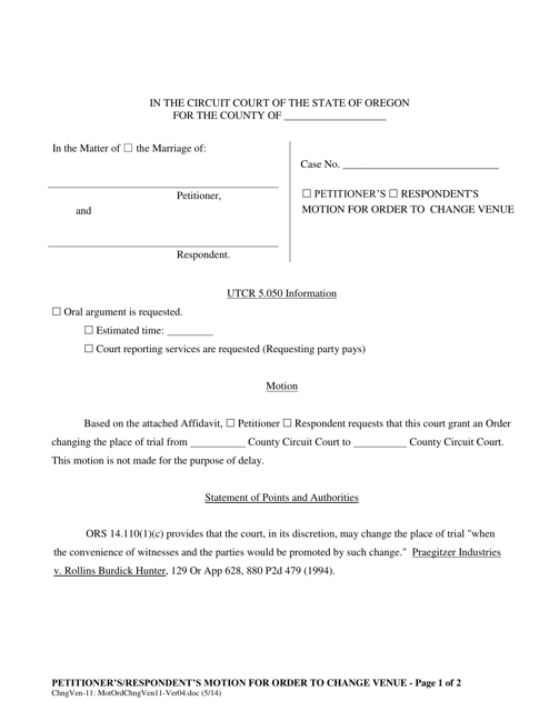 Petitioner's/Respondent's Motion for Order to Change Venue - Oregon Download Pdf