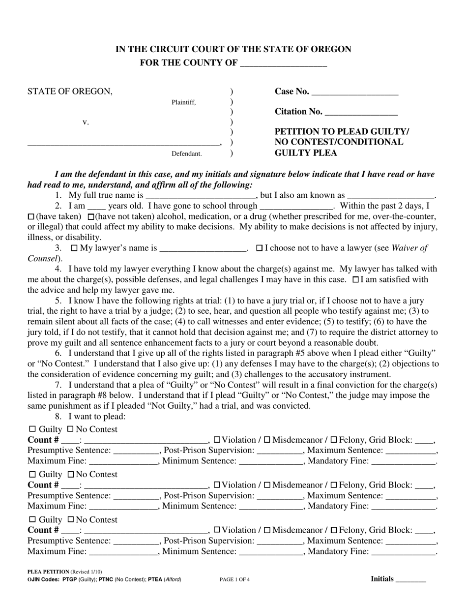 Petition to Plead Guilty / No Contest / Conditional Guilty Plea - Oregon, Page 1